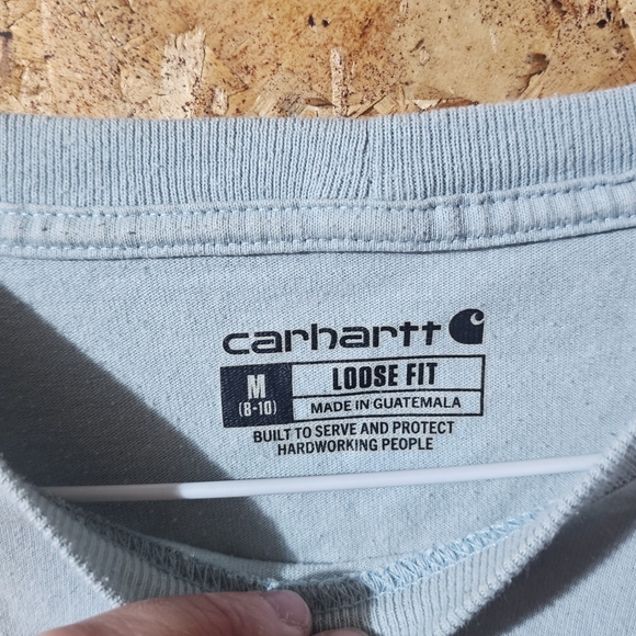 Carhartt Women's Long Sleeve Crew Tee in Pale Blue with Sleeve Logo - Picture 2 of 3